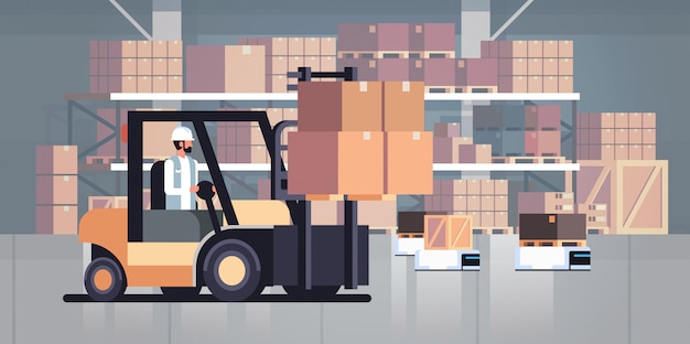 man driving forklift loader pallet truck