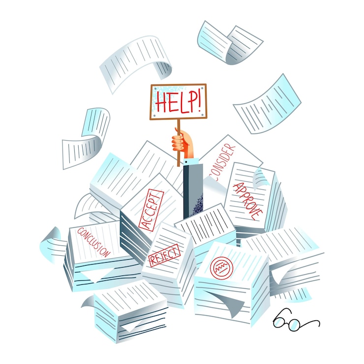 Vector man drowning in office bureaucracy and paperwork holding help sign paper document and binder overload in business hand in piles and stacks of messy clutter