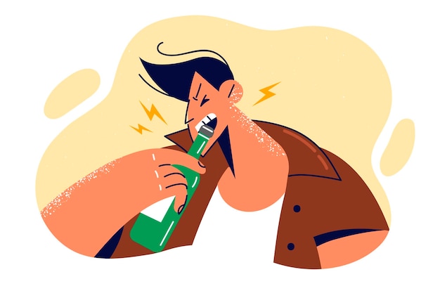 man drunkard opens bottle of beer with teeth and leads asocial lifestyle by abusing alcoholic beverages brutal young guy drunkard needs rehabilitation to get rid of alcohol addiction