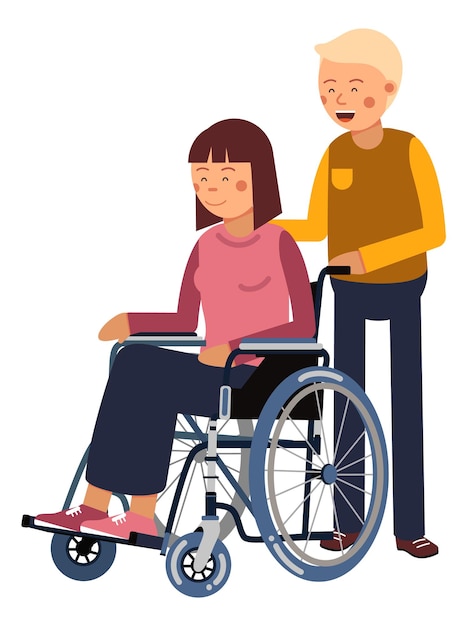Man duwen rolstoel met zieke vrouw Gezondheidszorg geïsoleerd op witte achtergrond