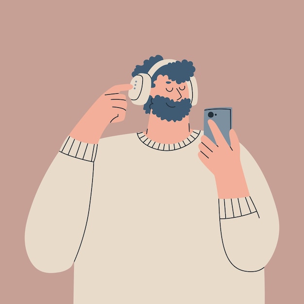 мужчина в наушниках-вкладышах и со смартфоном слушает музыку, аудиокнигу или подкаст