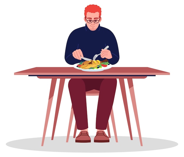 Man eating fish with knife and fork semi flat rgb color vector illustration