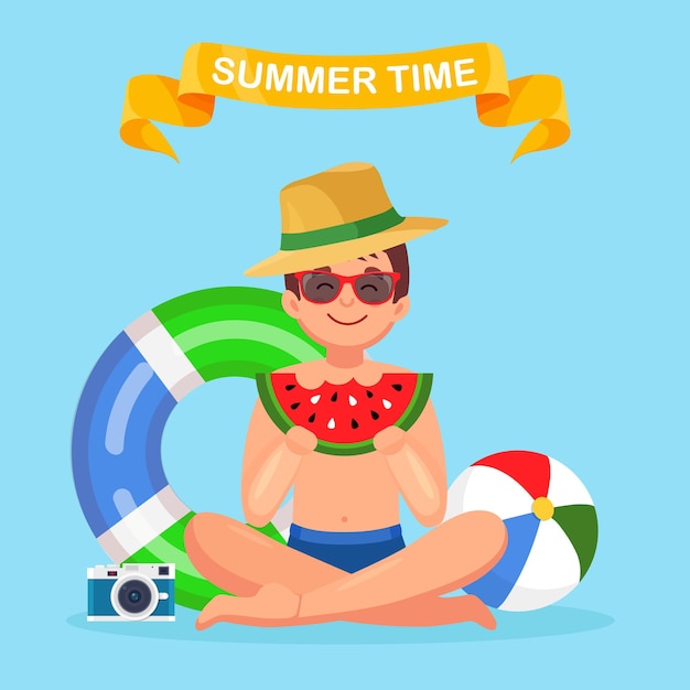 Man eating slice of watermelon. Summer time, beach party concept