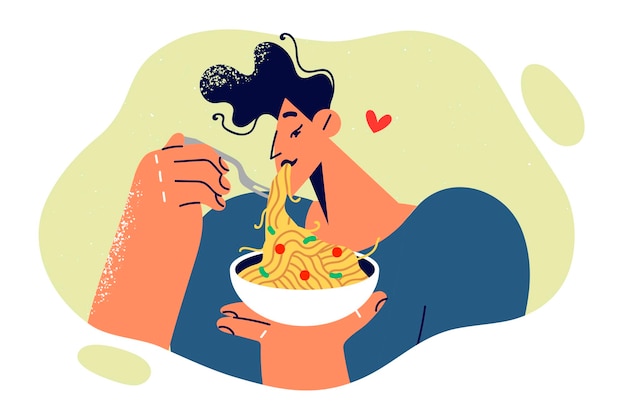 Vector man eats spaghetti or pasta ordered from italian restaurant and enjoys longawaited dinner young guy eats appetizing dish with vegetables and delicious sauce to remove appetite