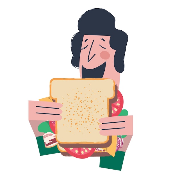 Vettore un uomo mangia un panino molto grande. illustrazione divertente di vettore nello stile del fumetto piatto. isolato su uno sfondo bianco.