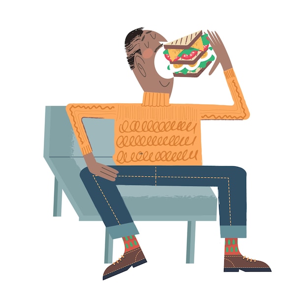 A man eats a very large sandwich vector funny illustration in flat cartoon style