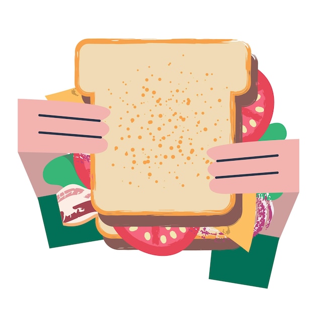 Un uomo mangia un panino molto grande illustrazione divertente di vettore in stile cartone animato piatto