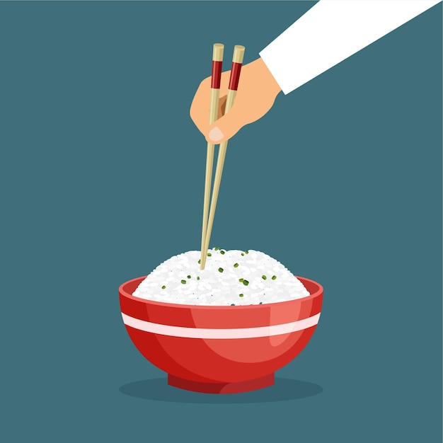 Man eet rijst in een rode kom met stokjes. Oosterse schotel. Traditioneel Aziatisch eten. Vectorillustratie