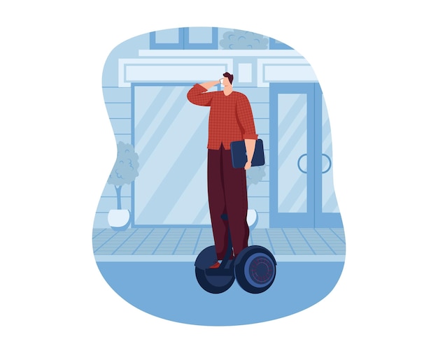 Uomo a scooter elettrico veicolo moderno illustrazione vettoriale guidare la tecnologia di trasporto urbano equilibrio di carattere maschile a bordo della ruota
