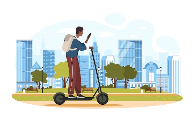 Man at electric scooter Young guy rides through city streets in environmentally friendly transport Teenager on escooter Cartoon flat vector illustration