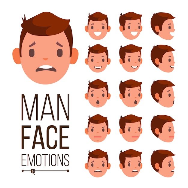 Man Emoties Vector. Verschillende mannelijke gezicht avatar expressies instellen. Emotionele set voor animatie