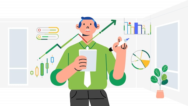 Vettore uomo dipendente che analizza i dati di revisione aziendale crescita dei profitti grafico dei dati analitici