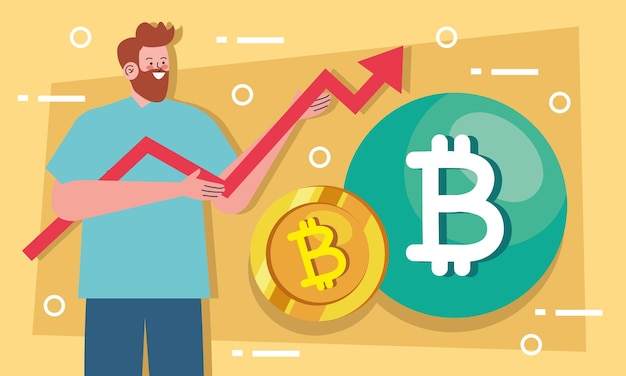 Man en bitcoin met pijl
