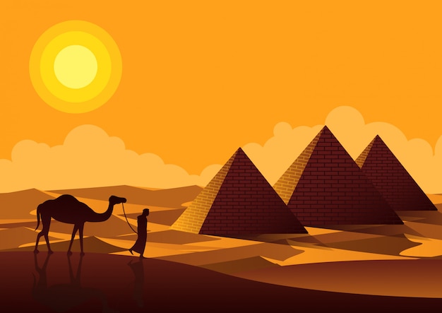 Man en kameel wandelen passeren piramides landmark van egypte