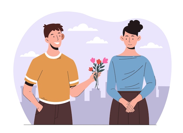 Man en meisje verliefd concept man geven boeket bloemen aan vrouw romantiek ontmoeting en present