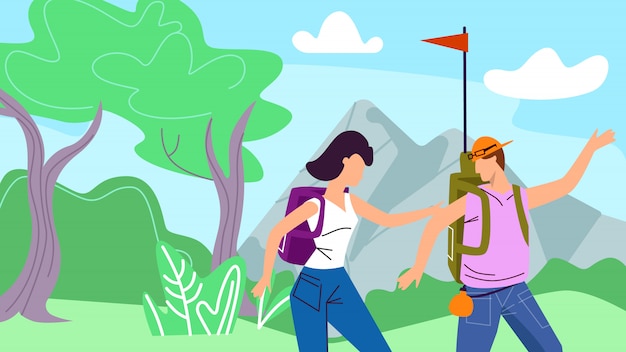 Man en vrouw Backpackers met vlag wandelen aard illustratie