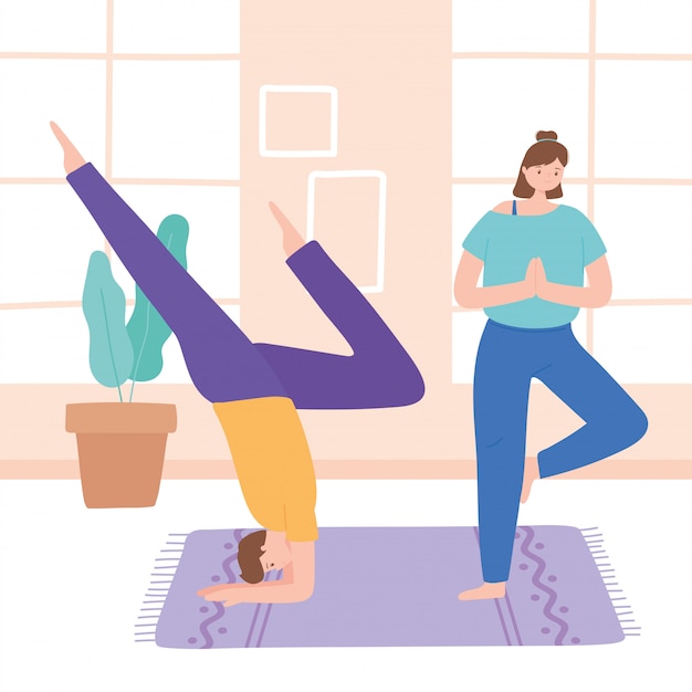 Man en vrouw beoefenen van yoga verschillende pose, gezonde levensstijl, fysieke en spirituele praktijk illustratie