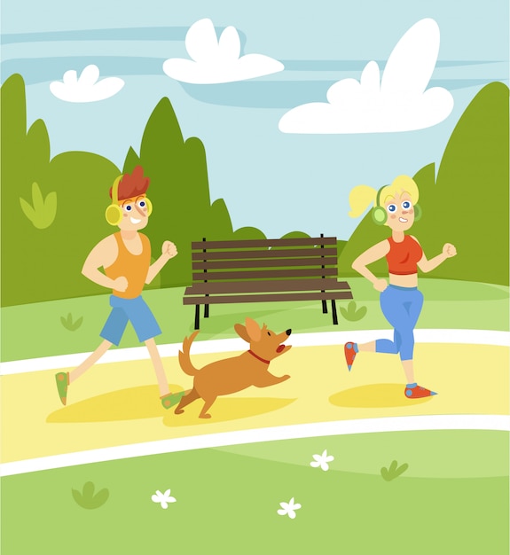 Man en vrouw die met hond in het park lopen, de Illustratie van het de zomerlandschap