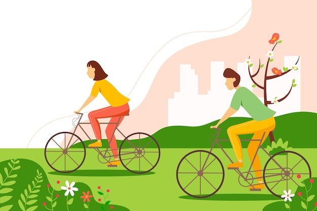 Man en vrouw fietsen in het park. Lente vectorillustratie.