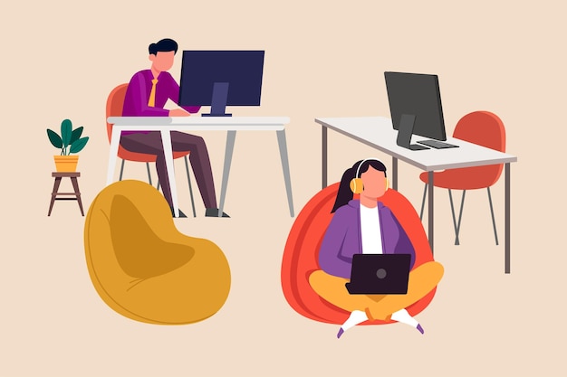 Man en vrouw freelancers die aan laptop en computers werken bij coworking space Coworking concept Platte vectorillustraties geïsoleerd