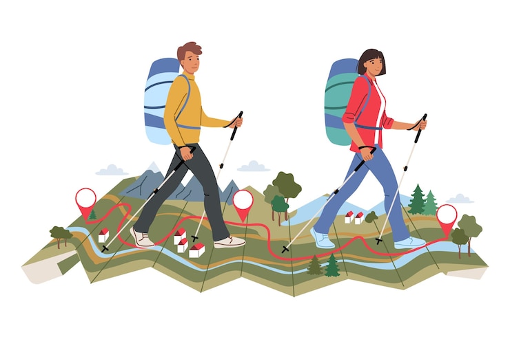 Vector man en vrouw gingen samen wandelen langs een enorme kaart met rivier en bergen.