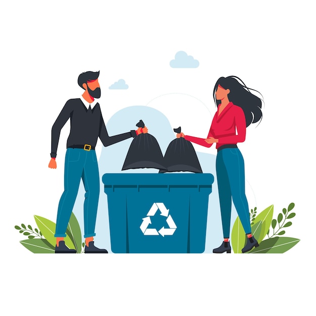 Vector man en vrouw gooit een vuilniszak in een vuilnisbak, vuilnis recycling teken vrijwilligerswerk mensen, ecologie, milieu concept mensen gooit afval in vuilnis bin.vector. schone planeet concept