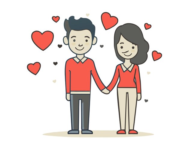 Vector man en vrouw hand in hand met harten om hen heen liefde en verbinding concept