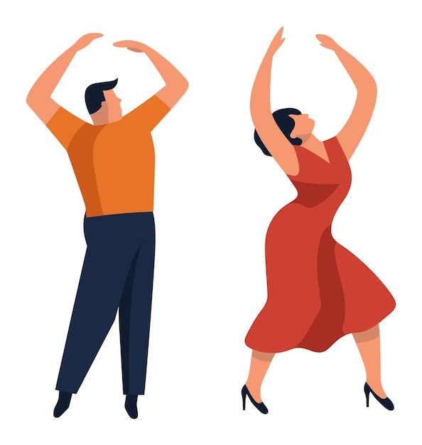 Vector man en vrouw in elegante kleren dansen samen dame in rode jurk heer in oranje shirt paar