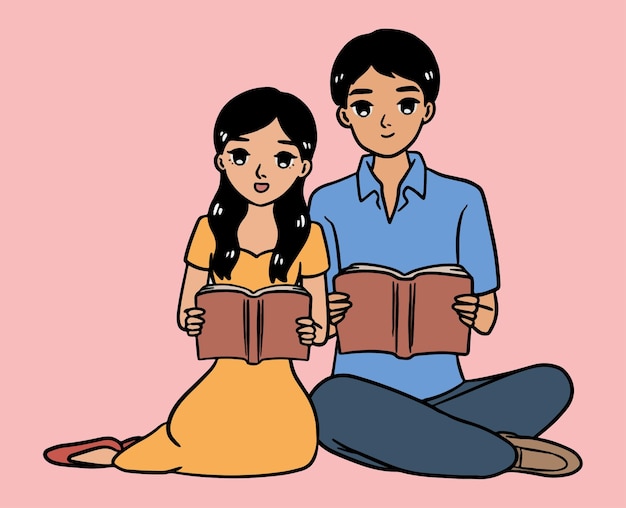 Vector man en vrouw lezen van boeken zitten leuke illustratie