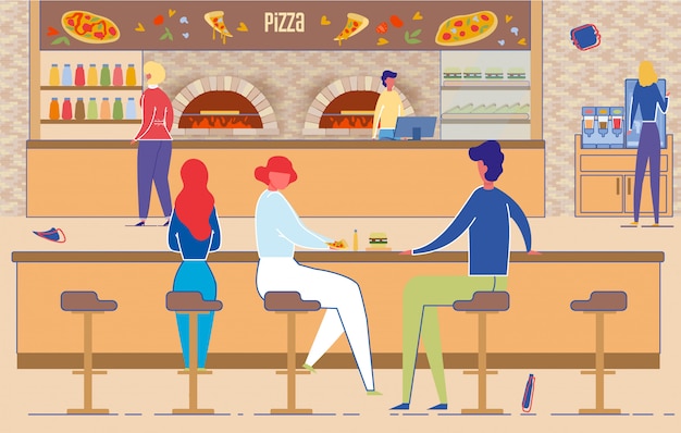 Vector man en vrouw pizza eten in pizzeria kamer. interieur met oven, stoel, tafel, geldautomaat op toonbank. mensen ontmoeten elkaar in italiaanse cafe illustratie. fastfood, lunch, snelle bezorgservice