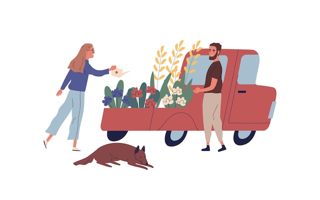 Man en vrouw tuinmannen verkopen bloemen van platte vectorillustratie. mannelijke klant die tuinplanten kiest op de lokale buitenfloristische markt of beurs geïsoleerd op een witte achtergrond.