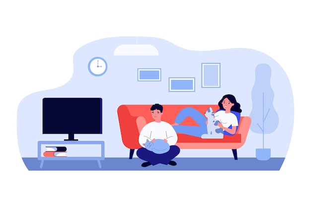 Man en vrouw tv-kijken in de woonkamer met huisdieren. Stel, kattenliefhebbers, thuis. Flat vector illustratie