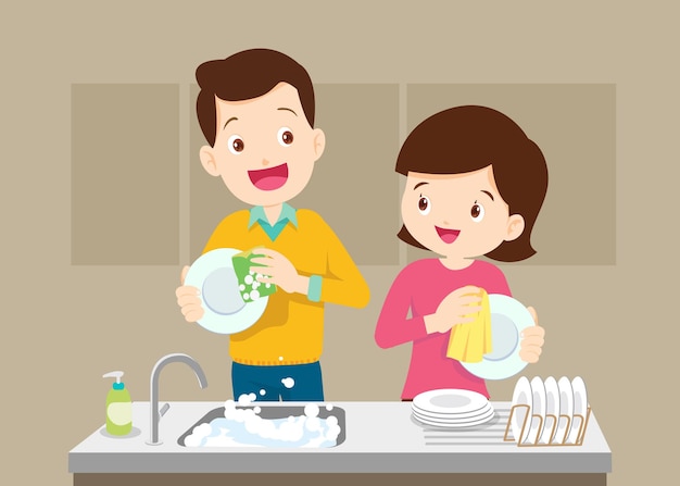 Man en vrouw wassen afwas thuis