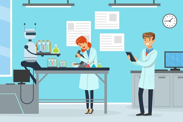Man en vrouw wetenschapper voeren experimenten uit met kunstmatige intelligentie assistentie vector illustratie