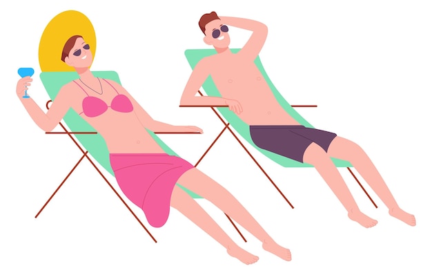 Man en vrouw zitten op strand ligstoelen Paar rustend op resort