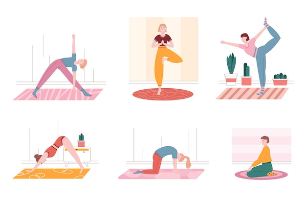 Man en vrouwenkarakters die oefening doen en in yogapositie blijven. Vector illustratie set mensen die zich uitstrekken, sporten, yoga oefening, fitness. Gezonde levensstijl.