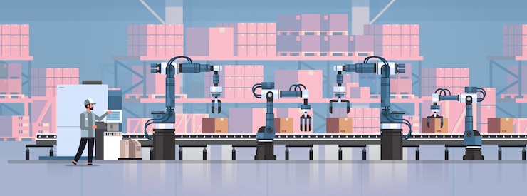 Vector man engineer controlling conveyor belt line