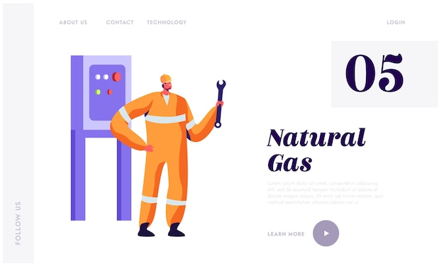 Man engineer with wrench service gas industry landing page.