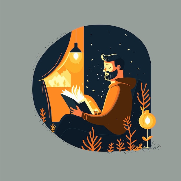 Человек наслаждается дерьмом, читая книгу hygge concept vector плоский цвет