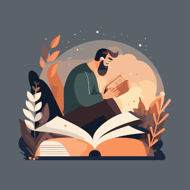 Man enjoy shit down reading a book hygge concept vector flat color