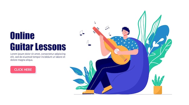 Man enjoying his hobbies work leisure people playing learning gitar musician practice on couch vector illustration in flat cartoon style landing page