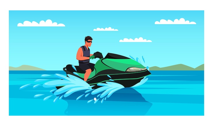 Vector man enjoying jet ski water extreme sport amusement guy in protective inflatable vest riding wave runner vehicle