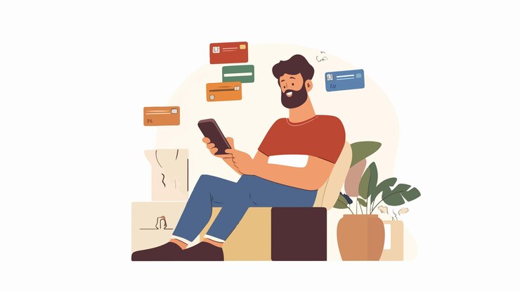 Vector man entering card details on phone for online transaction