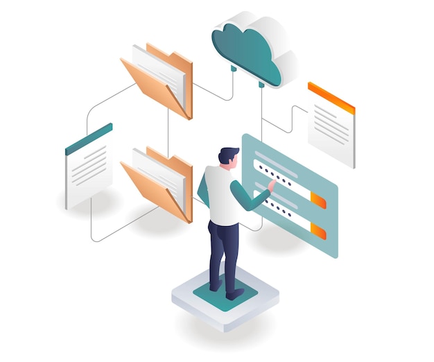 Vector man entering cloud server data password