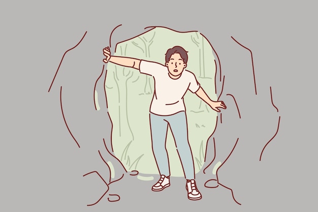 ベクトル 男は洞窟に入り、国立公園への探検旅行に参加するように興味をそそられて見上げます 男は岩の神秘的な洞窟に立ち、人の手が入っていない野生の自然を興味深く調べています