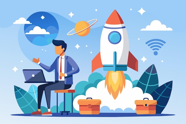 A man entrepreneur sitting on a desk in front of a rocket learning to launch new businesses an entrepreneur learns to launch a new business Simple and minimalist flat Vector Illustration