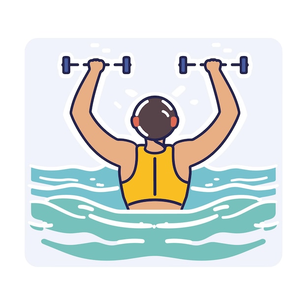 Vector man exercising water lifting dumbbells fitness aquatic workout concept male athlete yellow tank