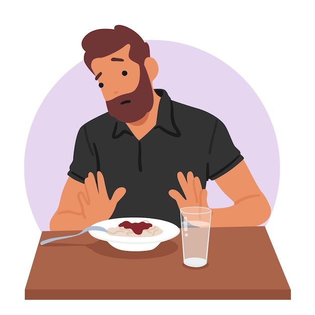 Человек, испытывающий потерю аппетита как симптом гастрита, уменьшил тягу к еде, уменьшил удовольствие от еды и стал бороться за поддержание здорового уровня питания. Векторные иллюстрации мультяшных людей