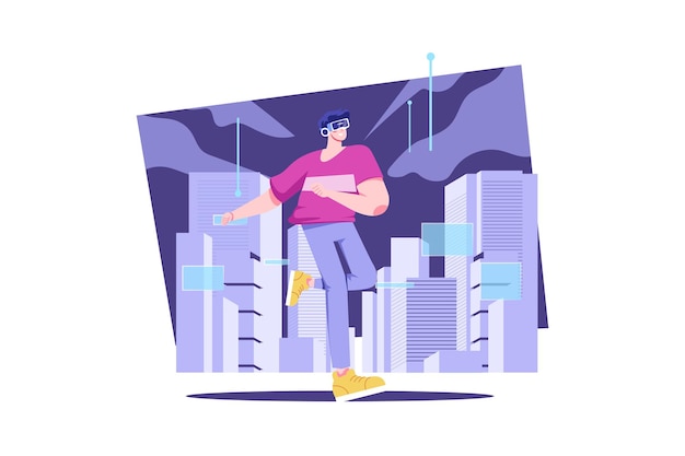 Vector man experiencing metaverse city illustration concept flat illustration isolated on white background