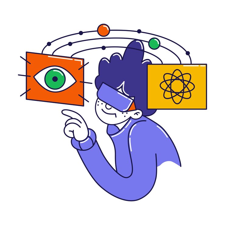 Vector man experiencing virtual reality with eye and atom elements